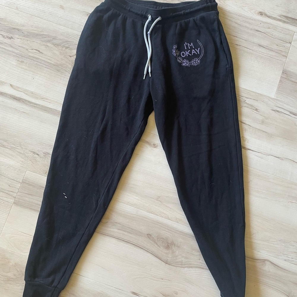 Black "I'm Okay" Jogger Sweatpants -  Casual Drawstring Pants